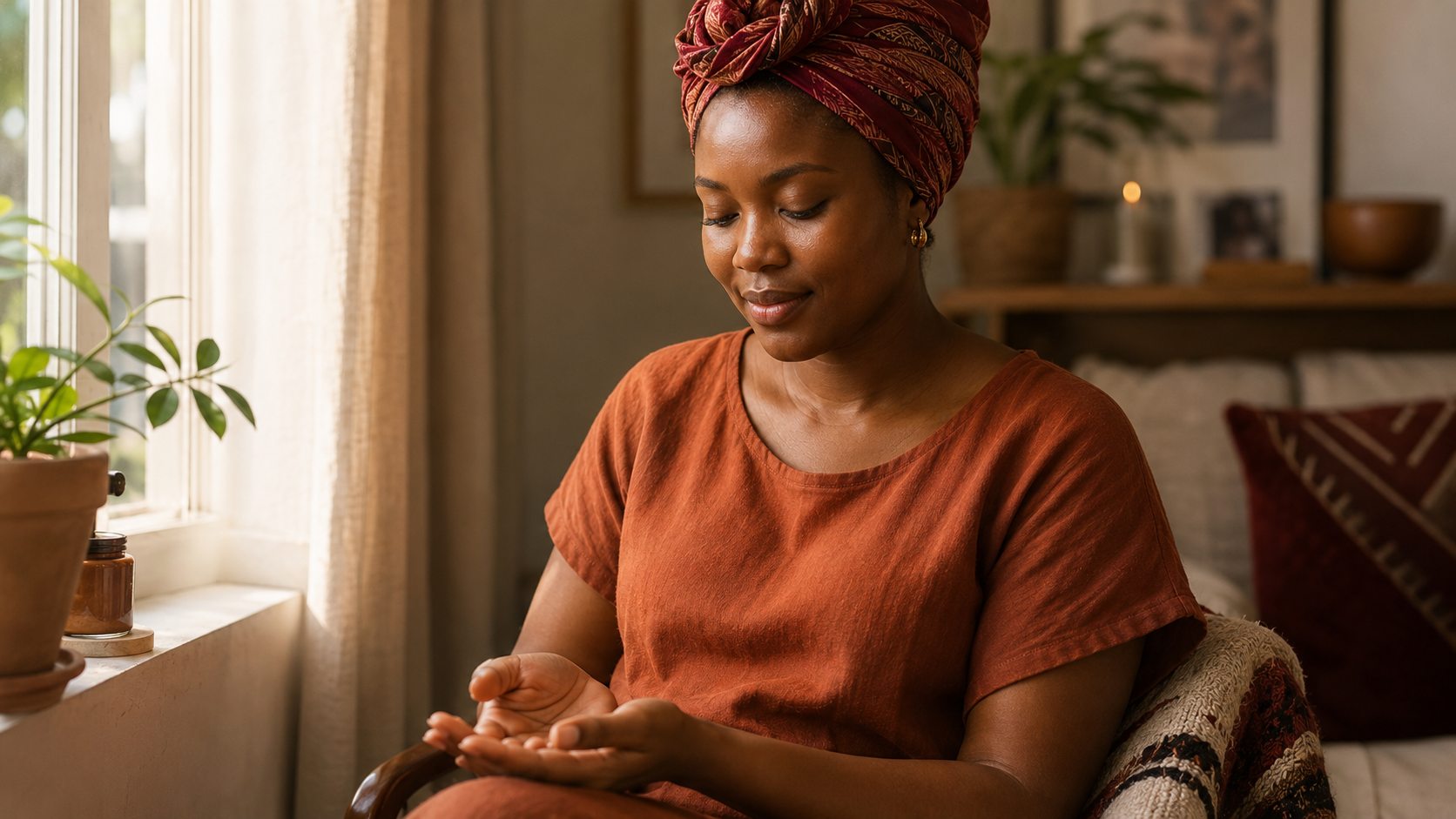 A Black woman sitting calmly